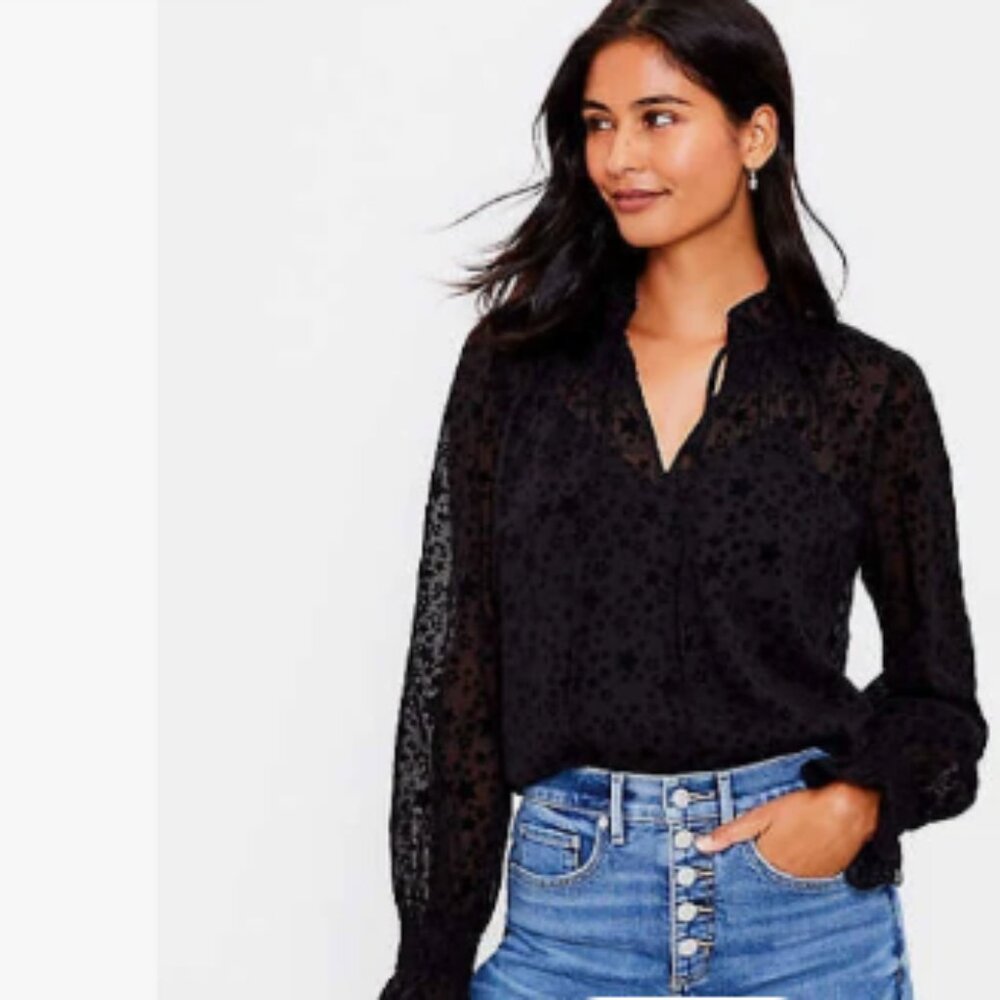 Ann Taylor LOFT Size L Sheer Black Star Ruffle Tie Neck Blouse